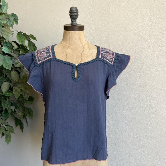 THML EMBROIDERED FLUTTER SLEEVE PEASANT TOP - Picture 1 of 7